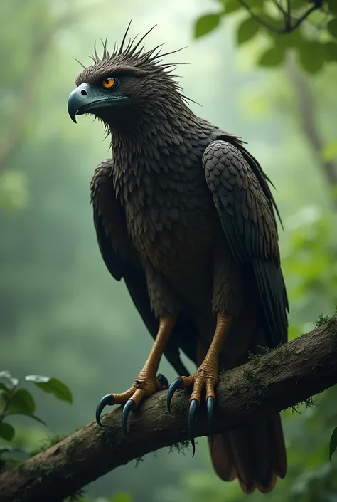 Create an unusual scary hybrid bird creature perched on a branch in a forest. The body of the creature resembles a hawk or eagle with detailed feathers and sharp talons, but it has a human-like eyes and nose with a mischievous grin and short dark hair. The...