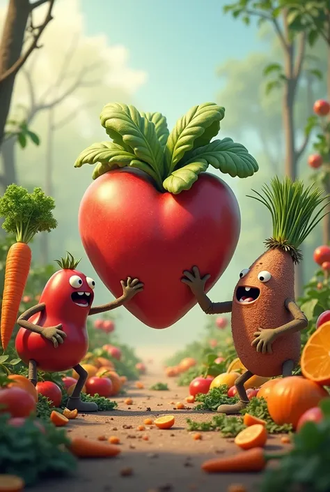 fruits and vegetables in battle position defending a human heart