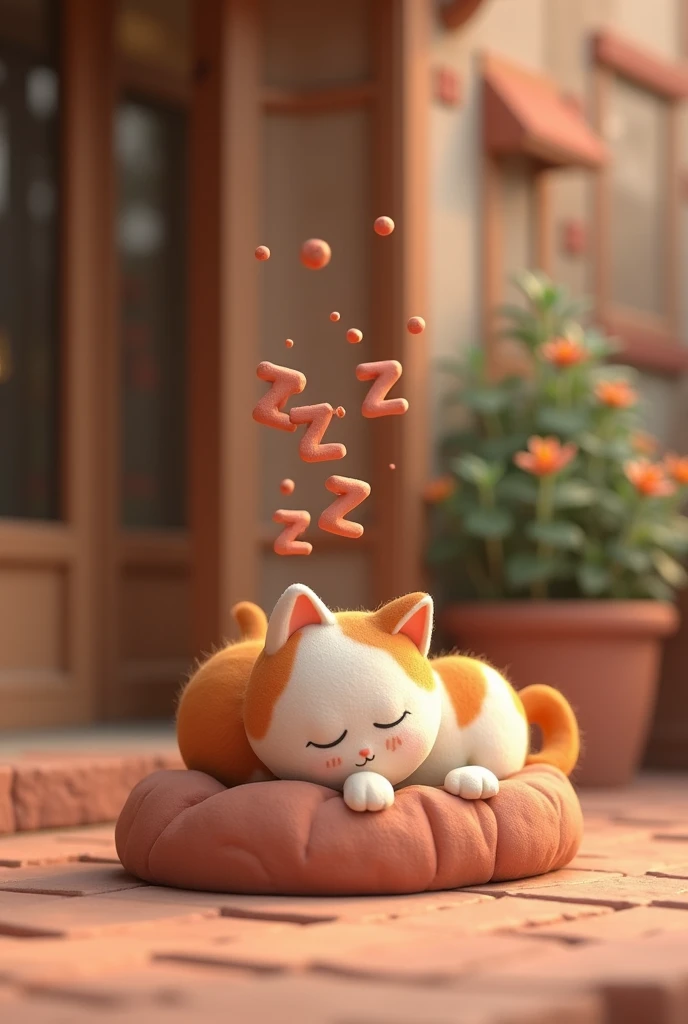 (masterpiece:1.2,Distinguished Quality,Mirror-like,Cinematic Experienc),8k,wallpaper,(Clay animation:2.0),(A small clay calico cat is taking a nap on a clay veranda:2.0),(A lot in the air"zzz"Drawing the letters with clay:2.0),(Cute design),(Simple design)...