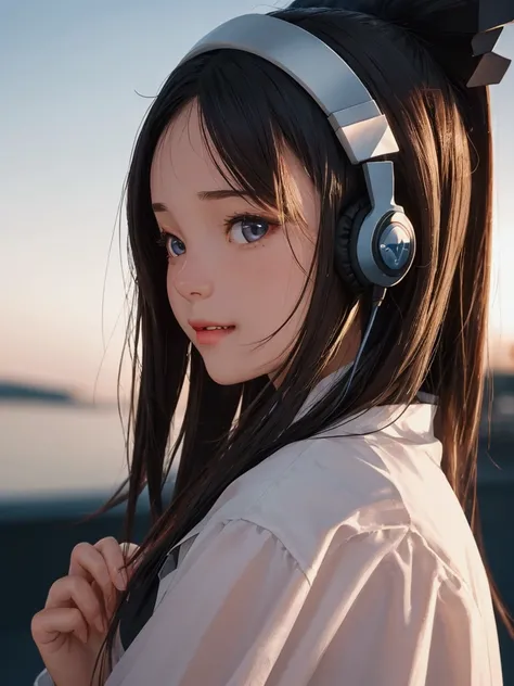 1girl, Solo, High Resolution, Looking at viewer, Pointy Ears, Fang, From Side, Depth Of Field, Headphones, Backlighting, Anatomically Correct, Best Quality, 