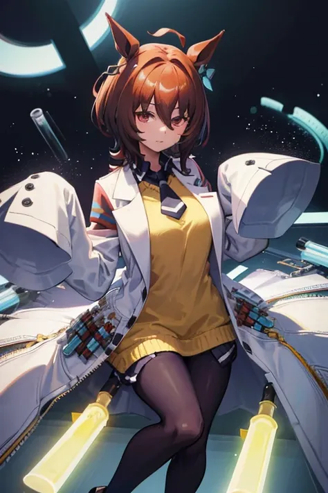 agnes tachyon (umamusume),single earring, long sleeves, sleeves past wrists, sleeves past fingers, collared shirt, black shirt, yellow sweater, sweater vest, black necktie, short necktie, open coat, white coat, labcoat, test tube, vial, zipper, black panty...