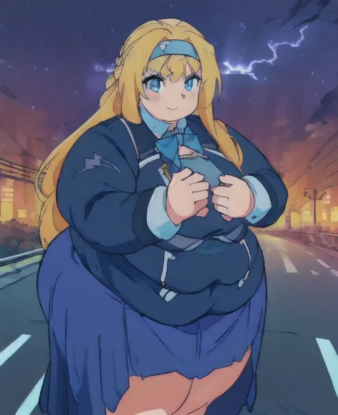 ((best quality, 4k, 8k, anime girl, masterpiece)), ((((beautiful extremely detailed face, beautiful eyes)))), blue eyes, cinematic lighting, perfect anatomy, ((alice synthesis thirty)), (((chubby, SSBBW, very obese, very wide waist, thick waist))), (((dark...