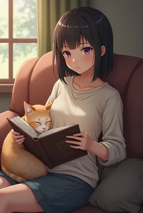 A girl with short hair is leaning on the sofa and reading a book，Her cat is lying comfortably on the sofa leaning against the girl&#39;s knees，Exudes a cozy atmosphere