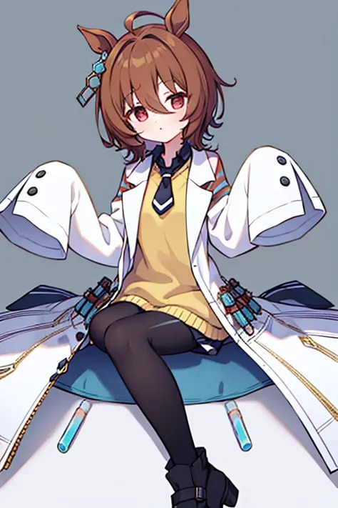 agnes tachyon (umamusume),single earring, long sleeves, sleeves past wrists, sleeves past fingers, collared shirt, black shirt, yellow sweater, sweater vest, black necktie, short necktie, open coat, white coat, labcoat, test tube, vial, zipper, black panty...