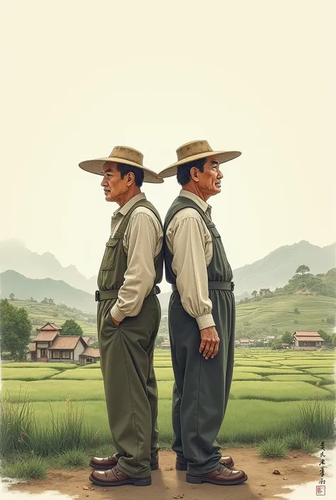 Drawing of two Chinese farmers back to back looking at their land