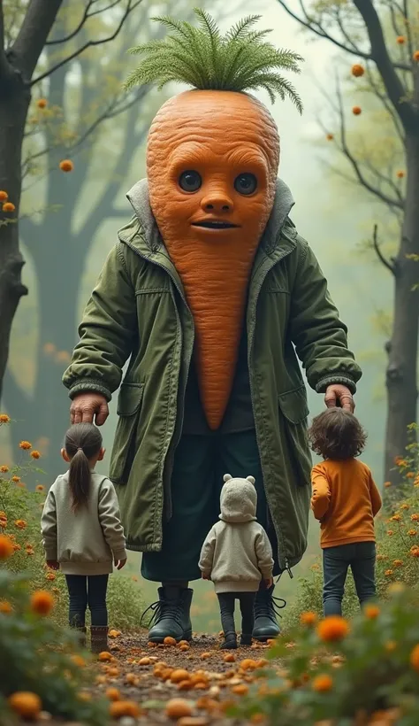 a large supernatural humanoid creature with a carrot head, human-like face, children playing in wonderland, 3 children playing, extremely detailed clothing, full body shot, 4k 8k realistic, masterpiece