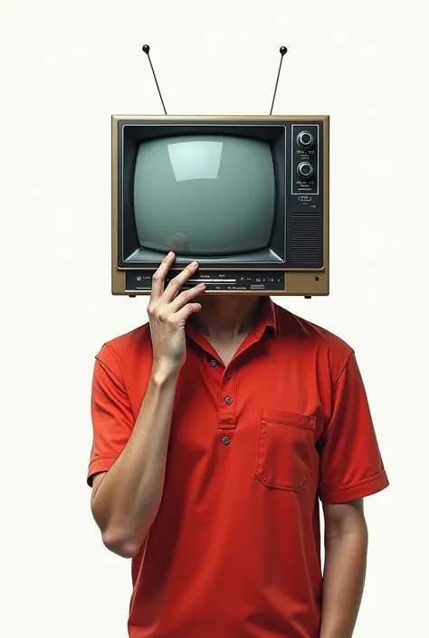 A man with a TV head and on TV is passing video game control and he is wearing a red shirt looking forward on a white background and the man has his hand on his head realistic drawing