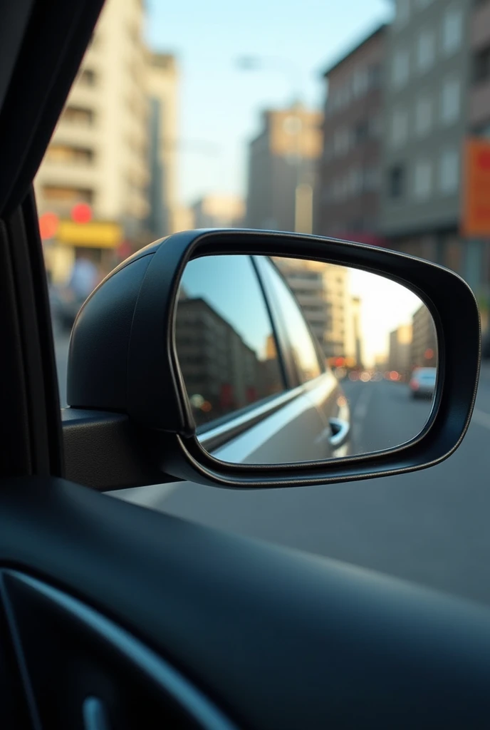 Car side view mirror photo from inside