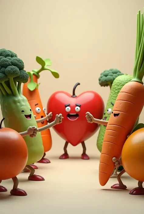 fruits and vegetables in battle stance looking forward as if defending a heart in the background. Funny and realistic image