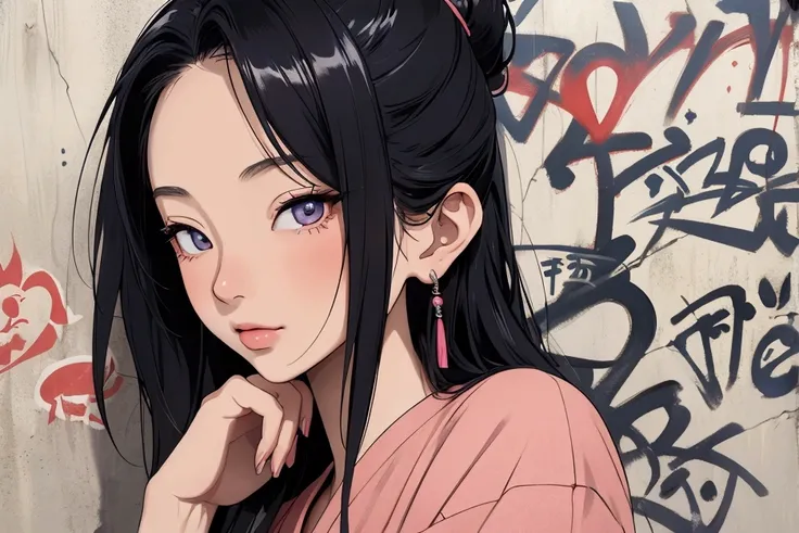 a japonese woman , style s80, with shiny hair, with model poses, with stylish model clothes, listening to old music and enjoying and feeling satisfaction, lofi hip hop, blurring the background, alone, beautiful and detailed eyes, on a brick wall with peeli...