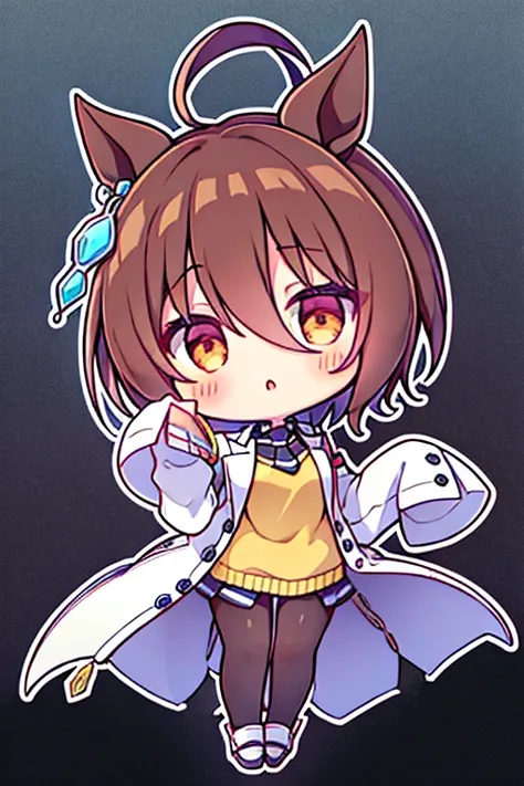 agnes tachyon (umamusume),single earring, long sleeves, sleeves past wrists, sleeves past fingers, collared shirt, black shirt, yellow sweater, sweater vest, black necktie, short necktie, open coat, white coat, labcoat, test tube, vial, zipper, black panty...