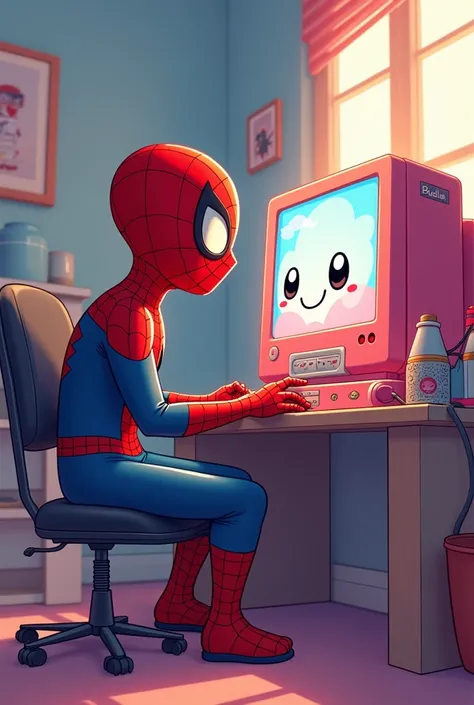 Spiderman using a kawaii computer
