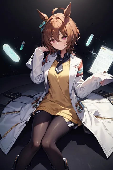 agnes tachyon (umamusume),single earring, long sleeves, sleeves past wrists, sleeves past fingers, collared shirt, black shirt, yellow sweater, sweater vest, black necktie, short necktie, open coat, white coat, labcoat, test tube, vial, zipper, black panty...