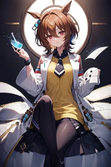 agnes tachyon \(umamusume\),single earring, long sleeves, sleeves past wrists, sleeves past fingers, collared shirt, black shirt...