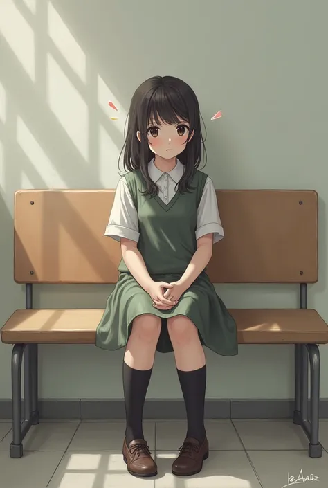 A girl sit in school bench with thinking