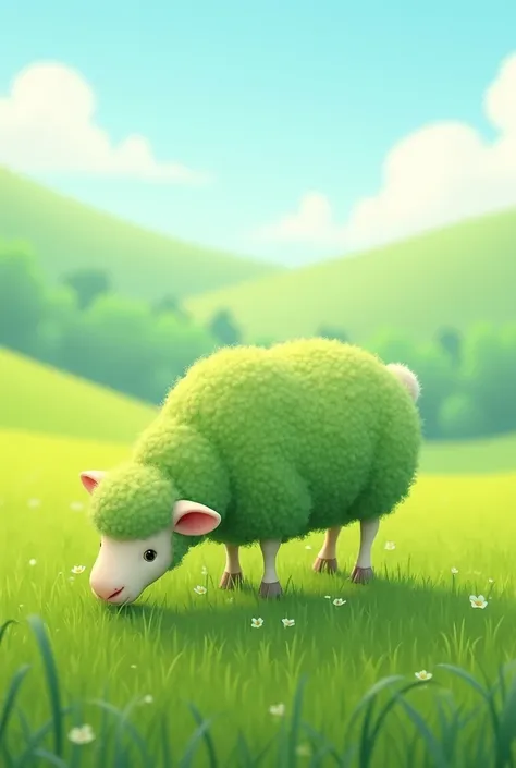 Green sheep chewing grass