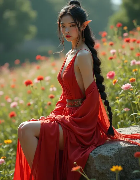 GODDESS BLACK HAIR ASIAN ELVE WARRIOR PRINCESS, SIT ON A ROCK SURROUNDED BY FLOWERS, HUGE LONG BLACK HAIR REACHING FLOOR, LONG BRAID HAIR STYLE, DETAIKED TIP EARS, HIGH CHEEKBONES, ROSY CHEEKS, DETAILED MENTAL FORAMEN, EYES LOOKING TO CAMERA, GREEN EYES LO...