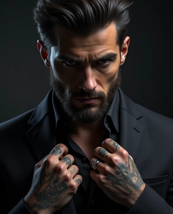 Handsome Italian man with tattoos is a sexy man dressed in black suit with black shirt elegant dangerous, 