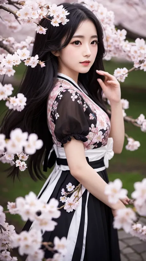 masterpiece, 最high quality, Mysterious Cherry Blossoms, Ogawa,Long black hair, woman, Performer, high quality, Beautiful graphics, Attention to detail,Clothing made from bird feathers,birdie