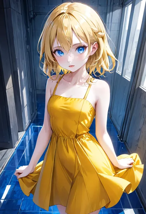 1girl, blonde hair, white skin, blue eyes, small breasts, yellow clothes, yellow dress.