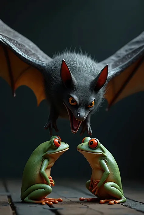 a bat  and a frog face to face, highly detailed, hyper realistic, extremely realistic, photorealistic, 8k, ultra detailed, intricate details, exquisite details, dramatic lighting, dramatic composition, cinematic, realistic textures, beautiful color palette...