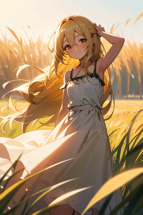 1girl, Solo, Long Hair, Looking at viewer, Smile, Blush, brown eyes, Hair Between Eyes, Very Long Hair, Sidelocks, Blonde Hair, sundress, sunlight, left arm up, right arm lift skirt side ways, grass field, open field, looking at viewer, smile, blush