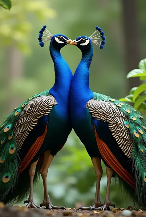 Two peacocks kissing

