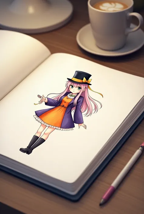 Make me a picture of a SketchBook where you can see all the edges and corners of the sketchbook and inside it a watercolor drawing of the character AI Hoshino wearing an orange dress and a purple blazer... all with cute details like: black top hat with a g...