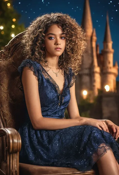 girl, looking at viewer, urban setting, left eye closed, dynamic pose, castle, ultra wide shot, gothic setting, low-cut dress, sitting on chair, legs crossed, starlight, tousled hair, curly hair:1.2, Eldens ring, bokeh, warm color palette, colorful, 8K, 16...