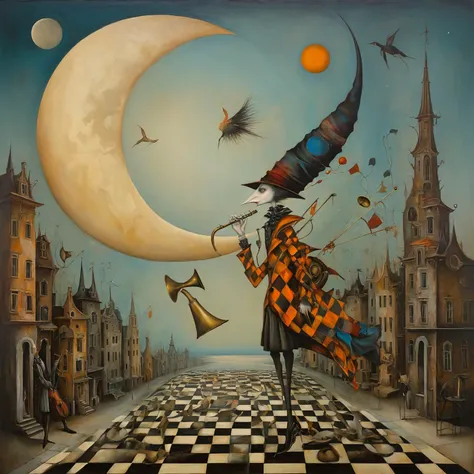 oil painting of leonora carrington, michael parkes, esao andrews and dave mckean, a whimsical figure on a checkered sidewalk, we...