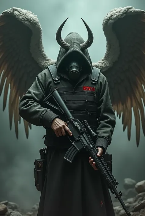 Morpheus from mythology with wings holding a rifle wearing a gas mask Highlight the word "QRTN" red on the vest blood splatters 