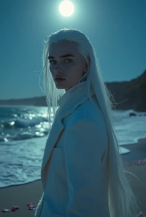 masterpiece, highest quality, (solo focus), (perfect face:1.1), (high detail:1.1), (hyper detailed eyes), dramatic, 1guy, (pale skin), long white hair, ethereal eyes, (light eyebrows), solo, long hair, JTiago Azevedo, moon, night, white luxury suit, pouty ...