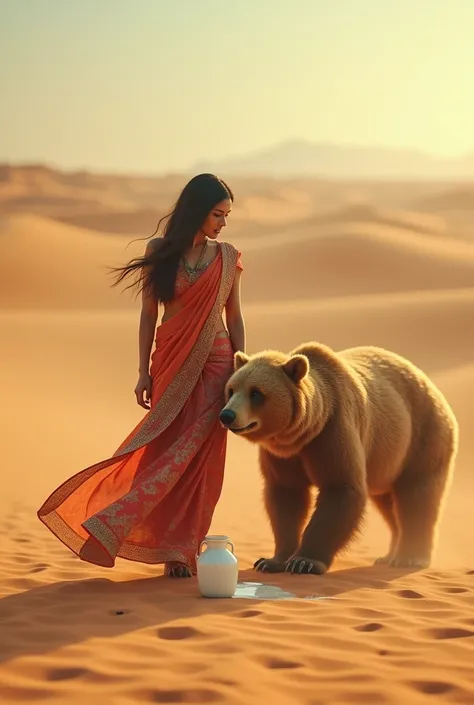 An Indian woman wearing a sexy sari, with a jug of spilled milk, is being helped by a sweet bear in the middle of the desert.