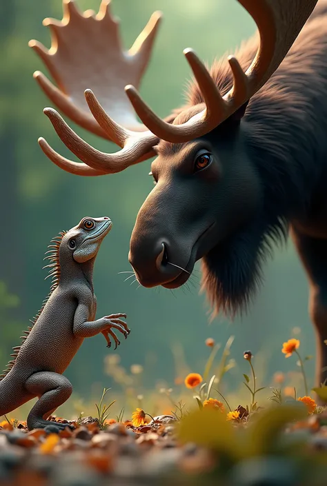 a lizard and a moose face to face, highly detailed, hyper realistic, extremely realistic, photorealistic, 8k, ultra detailed, intricate details, exquisite details, dramatic lighting, dramatic composition, cinematic, realistic textures, beautiful color pale...