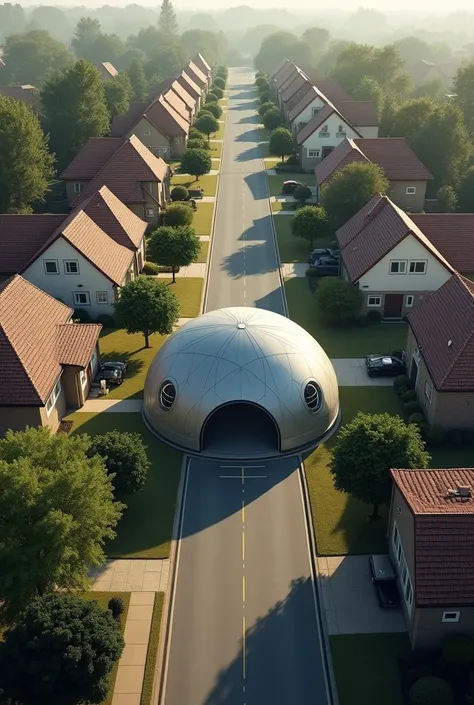 Residential Street、A large, unusual dome in the middle、High image quality、Real、Looking down from above