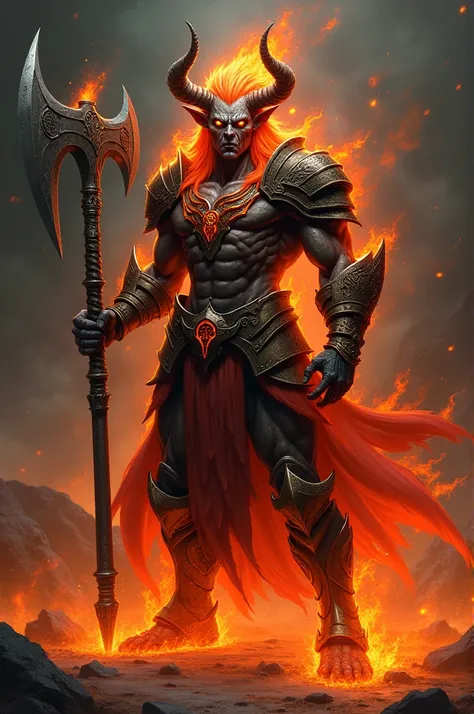 Create a character with empty red eyes, with orange hair of burning flames, two horns, one cut in half, various scars on the face, an orange armor forged in the incandescent lava with infernal ore and a war axe that sets your enemies on fire 