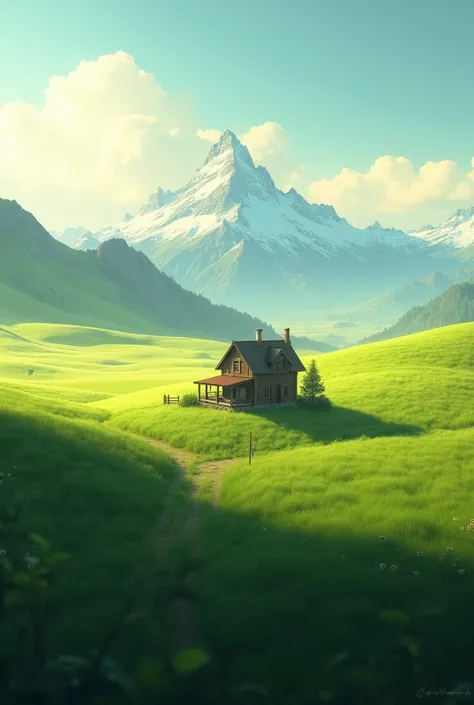 Draw me a house in the far away grassland with the morning sun shining on it. The house in the far away distance has high mountains.