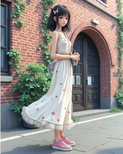 A person wearing a white top with star patterns paired with a flowy white tulle skirt. She has medium-length dark hair with hair accessories, and is standing outdoors in front of a brick building adorned with greenery. She carries a small silver crossbody ...