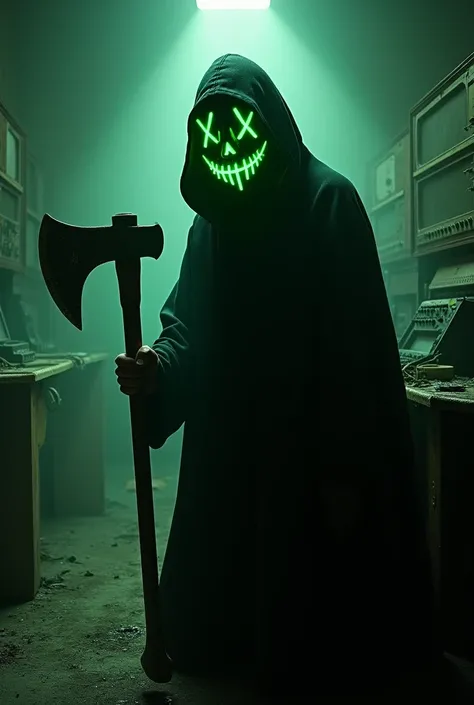 Black shadow wearing neon green halloween mask holding an axe with a broken radio station in the background