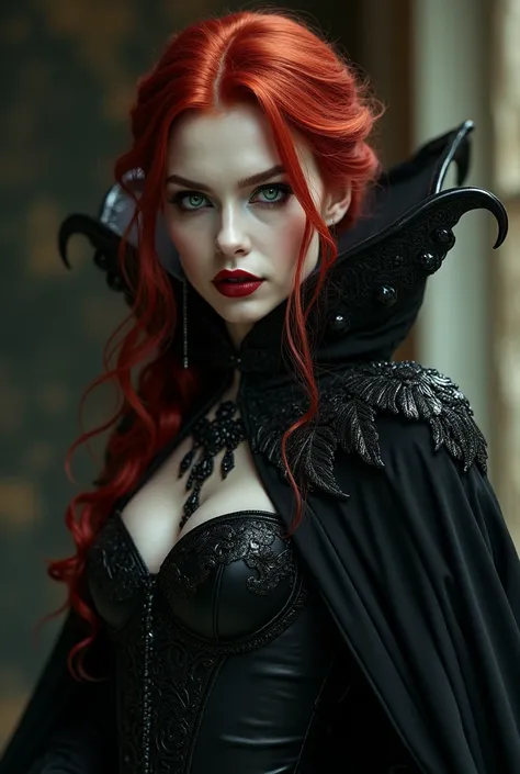 a radiant yet sinister beautiful queen of evil, red hair, green eyes, sharp facial features, pale contrasting skin, black ornate attire, black jewelry, long flowing black cape, malevolent green eyes, (best quality,16k,highres,masterpiece:1.2),ultra-detaile...