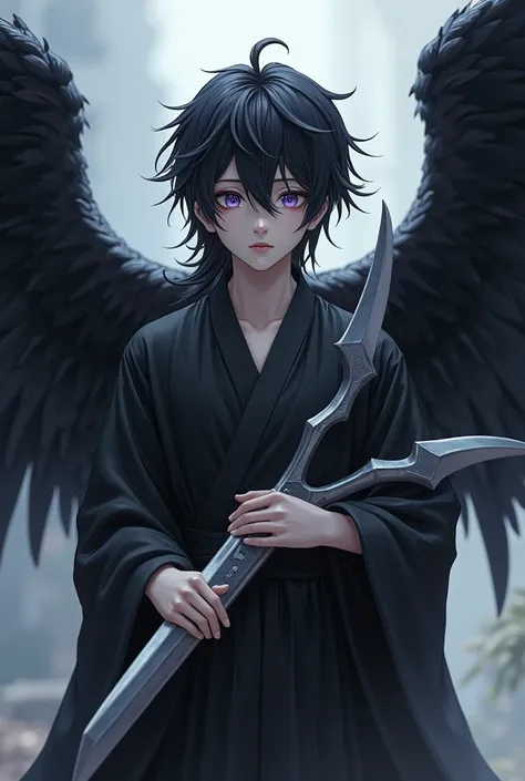 Young guy, japanese, with crow wings, holding a big pair of scissors s, purple eyes, 