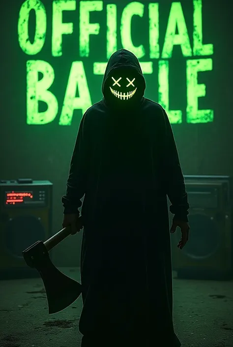 Black shadow wearing a neon green Halloween mask holding an axe with a broken radio station in the background with OFFICIAL BATTLE written in large letters in front