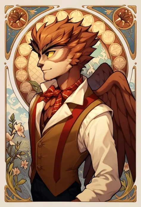 masterpiece, art nouveau, 1boy, herneval, solo, owl, feathered, wings, vest, yellow sclera, upper body, side view