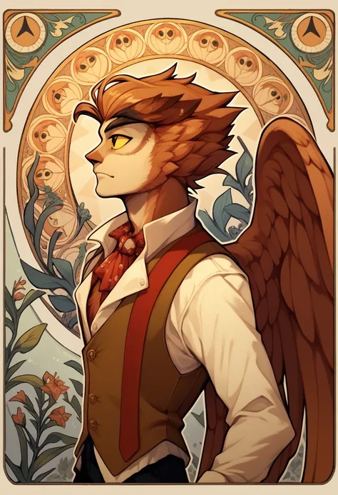 masterpiece, art nouveau, 1boy, herneval, solo, owl, feathered, wings, vest, yellow sclera, upper body, side view