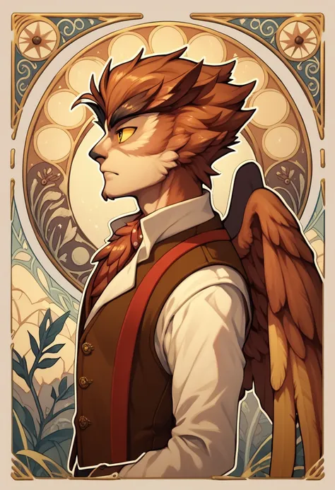 masterpiece, art nouveau, 1boy, herneval, solo, owl, feathered, wings, vest, yellow sclera, upper body, side view