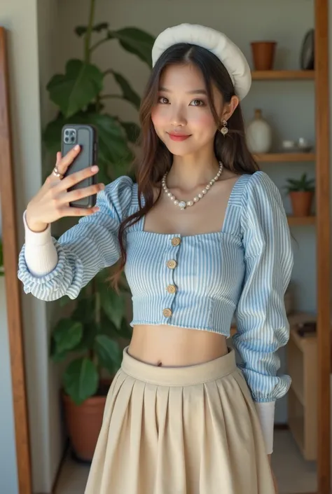 The image features a person wearing a fashionable outfit that includes a cropped blue and white striped blouse with buttons, a beige pleated skirt, and a white headpiece or bonnet. The individual appears to be taking selfies in front of a mirror, and the b...