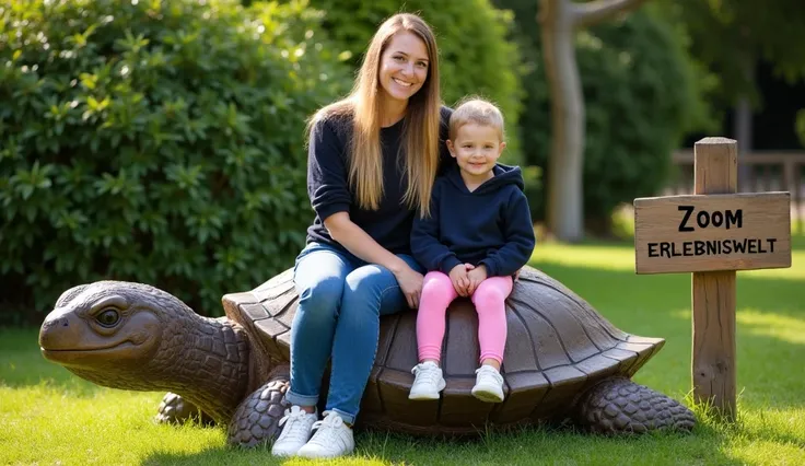 outside, lively, casual, naturally, A woman with long, straight hair and a child with short hair sit on a large wooden turtle sculpture. The woman is wearing blue jeans, a dark top and white sneakers, while the child is wearing pink leggings and a dark hoo...