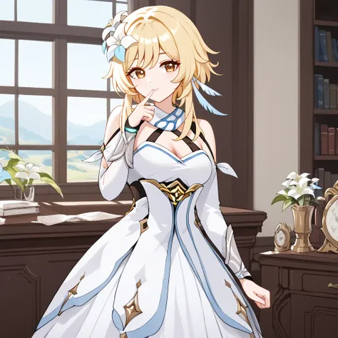 lumine genshin impact,blonde hair,brown eyes,hair flower,long sleeves,white dress,short hair,