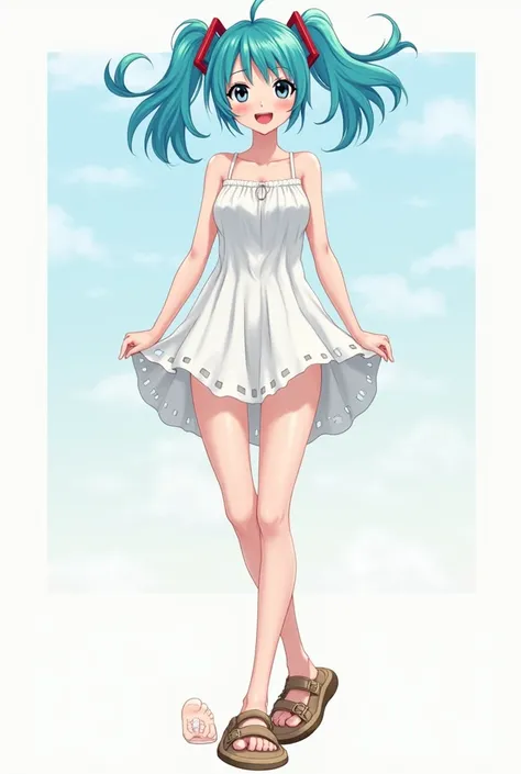 Miku wearing shorts that are rotated and her underwear is visible, Besides this she is wearing a dress, that he is wearing “a sandal on one foot and the other foot is barefoot ", that this stop 