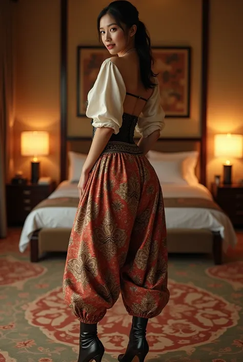 a beautiful matured chinese woman, harem shalwar, 
printed harem salwar, balloony harem salwar, intricate pleats in harem salwar, plain shirt tucked in, corset, high heel boots, tall boots, 34 28 32, gentle lighting, intricate facial details, in a luxuriou...